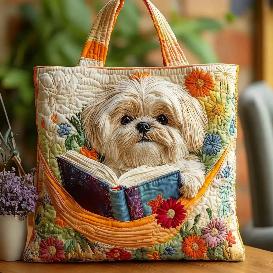 Shih Tzu könyvekkel és virágokkal díszített kézműves táska