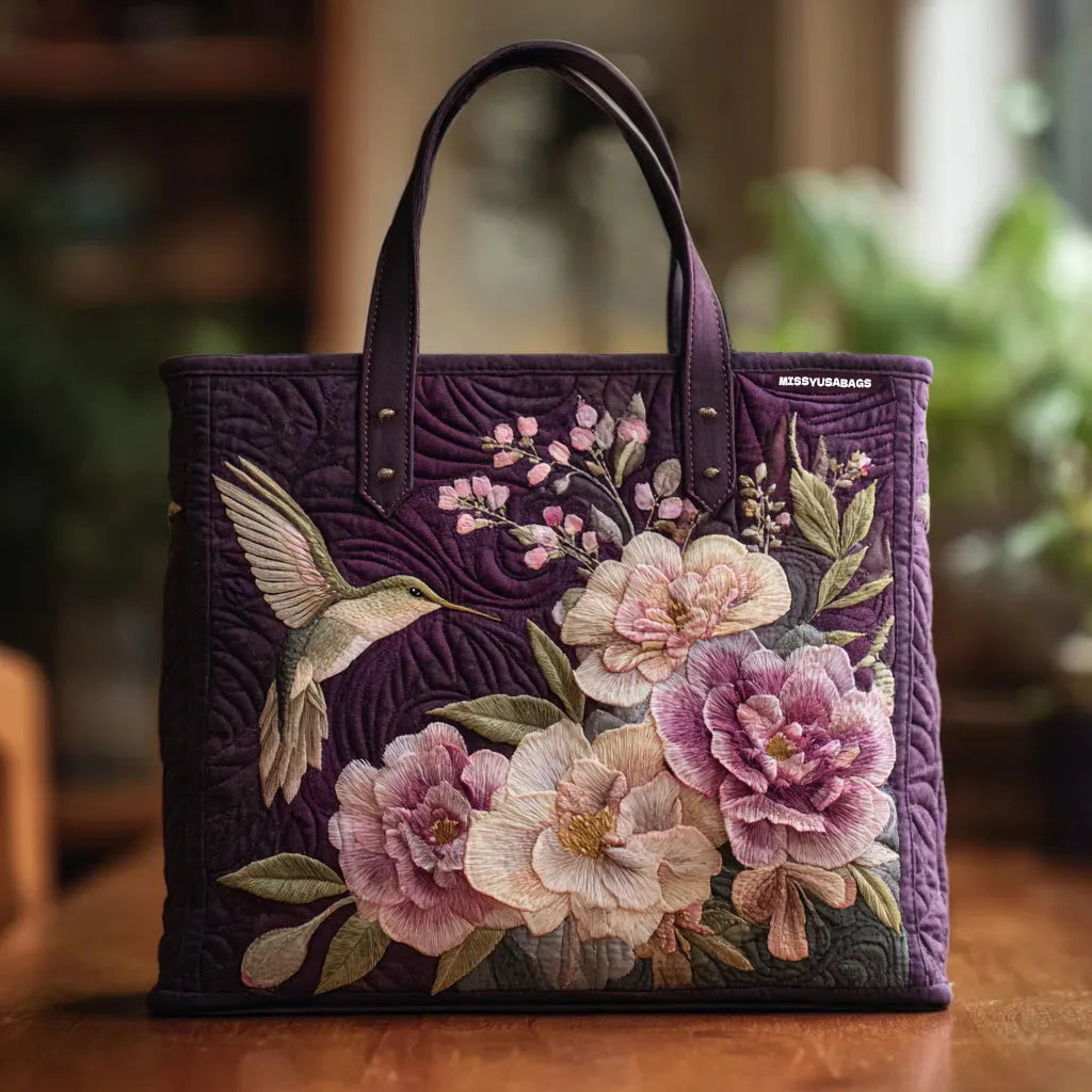 Handcrafted Quilted Bag - Hummingbird and Orchids