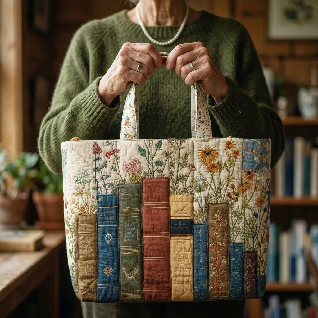 Handcrafted Quilted Bag - Books and Flowers