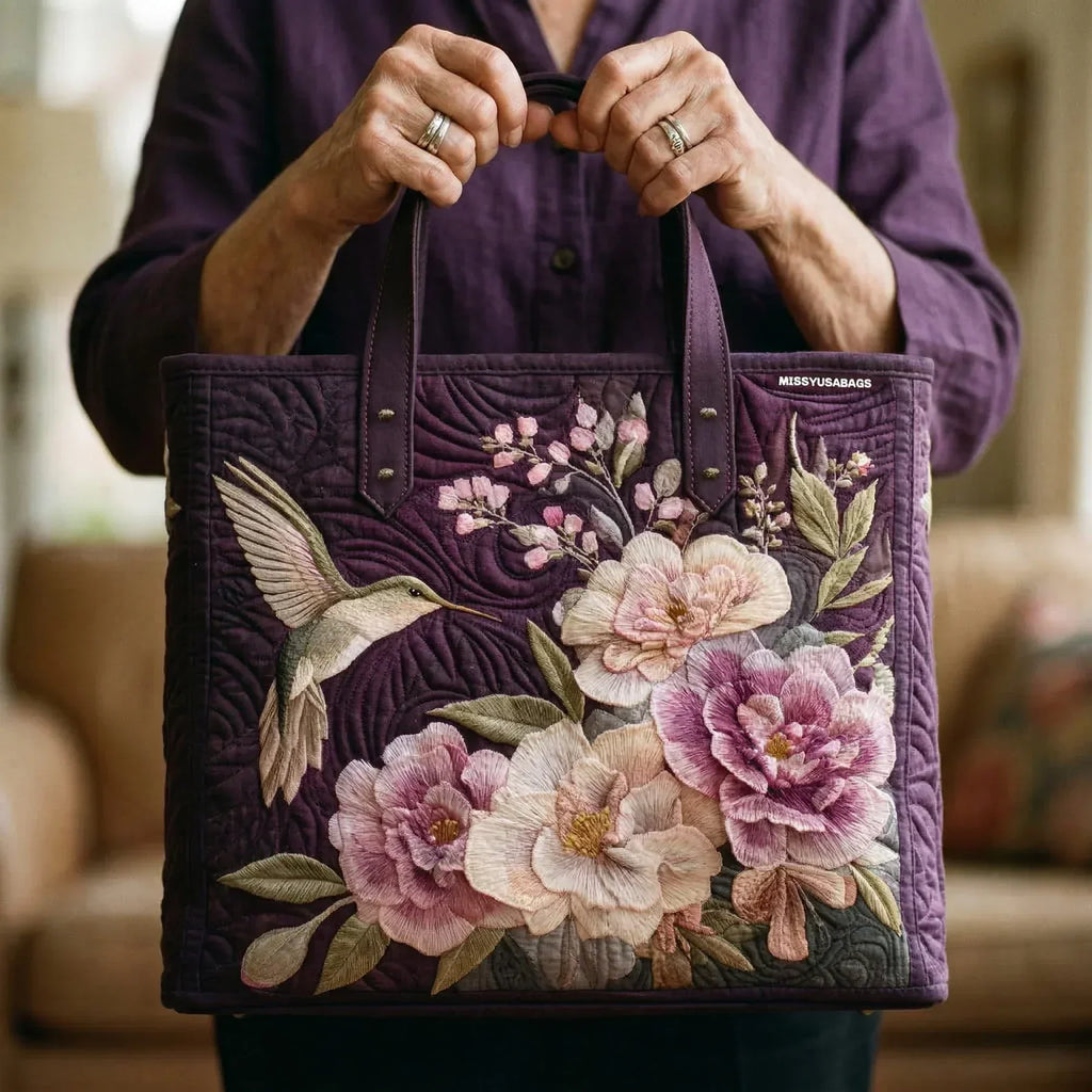 Handcrafted Quilted Bag - Hummingbird and Orchids